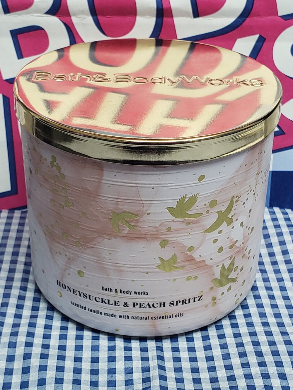 BBW Honeysuckle & Peach Spritz Large 3 Wick Candle Home Fragrance Decor